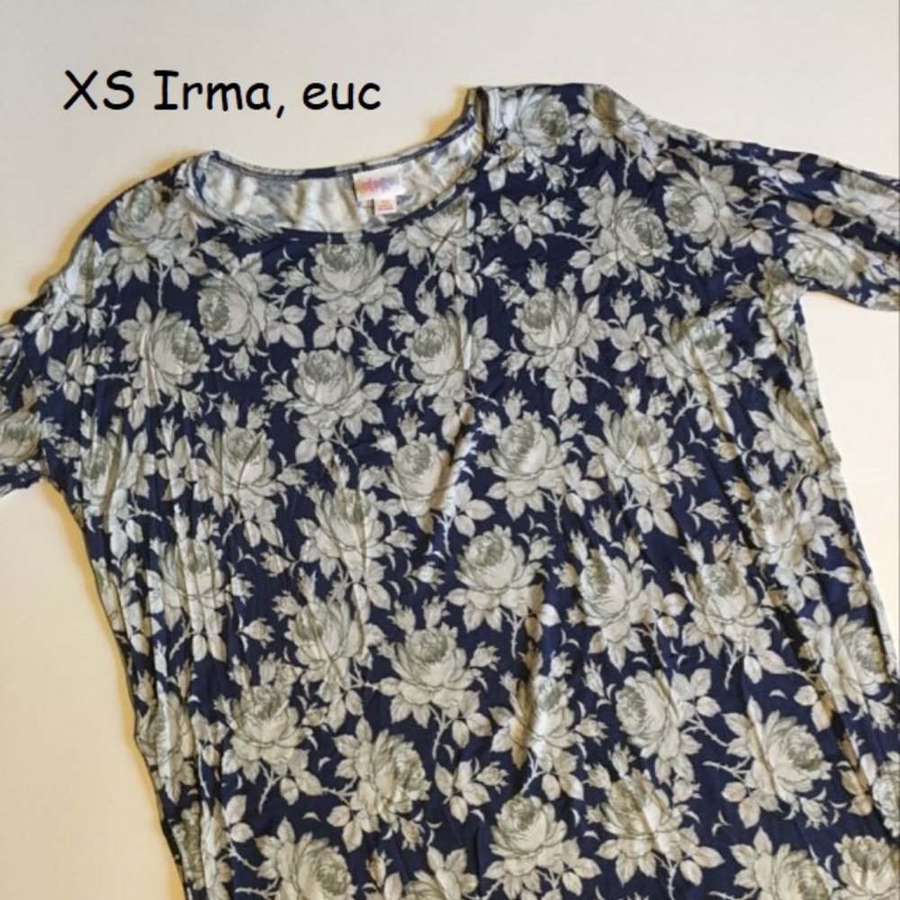 XS Lularoe Irma tunic top, blue with white roses, rayon